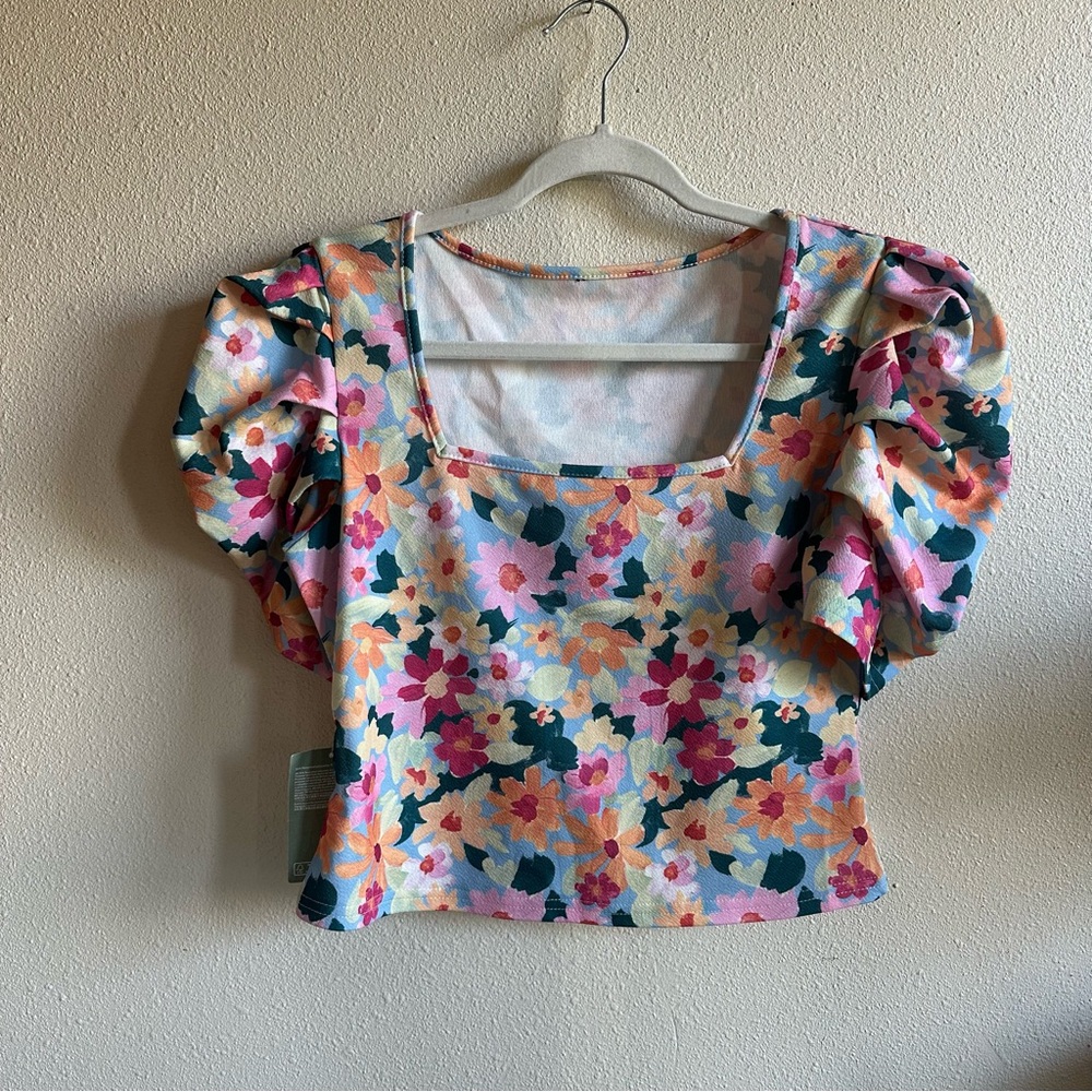 H&M Floral Puff Sleeve Square Neck Crop Top - Pink, Yellow, Teal
